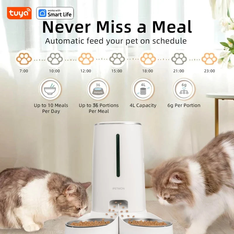 WiFi Automatic Cat Feeders for 2 Cats, 4L Cat Food Dispenser with APP Control, Double Stainless Steel Bowls, Low Food Alarms - My Store